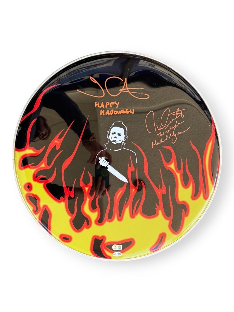 John Carpenter Nick Castle Signed Halloween Drumhead Beckett Authenticated: John Carpenter Nick Castle Signed Halloween Drumhead Beckett Authenticated This Halloween drumhead is a remarkable collectible signed by iconic filmmakers John Carpenter and Nick Castle, who are renow