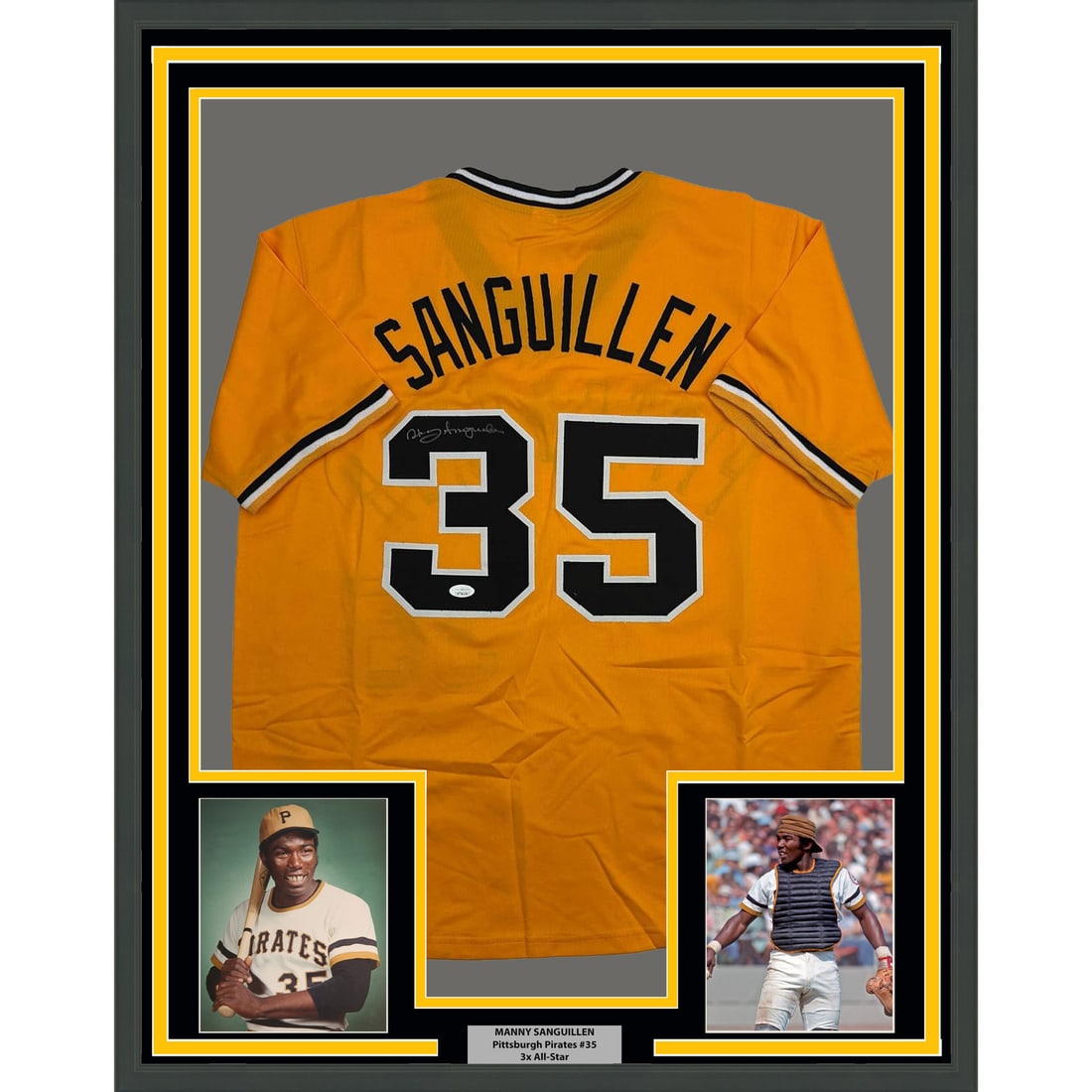 Manny Sanguillen Signed Pittsburgh Pirates Jersey Framed 35x39 JSA Authenticated: Manny Sanguillen Signed Pittsburgh Pirates Jersey Framed 35x39 JSA Authenticated This is a professionally framed and matted Pittsburgh Pirates jersey autographed by Manny Sanguillen. The display inclu