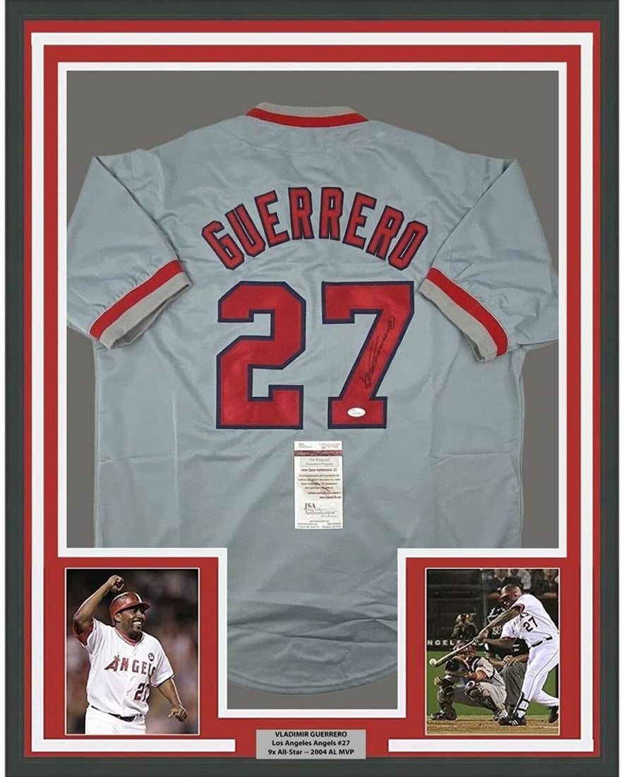 Framed Autographed Vladimir Guerrero Grey Jersey 33x42 with JSA COA: Framed Autographed Vladimir Guerrero Grey Jersey 33x42 with JSA COA This professionally framed and autographed jersey features Vladimir Guerrero, a standout player for the Los Angeles Angels of Anahei