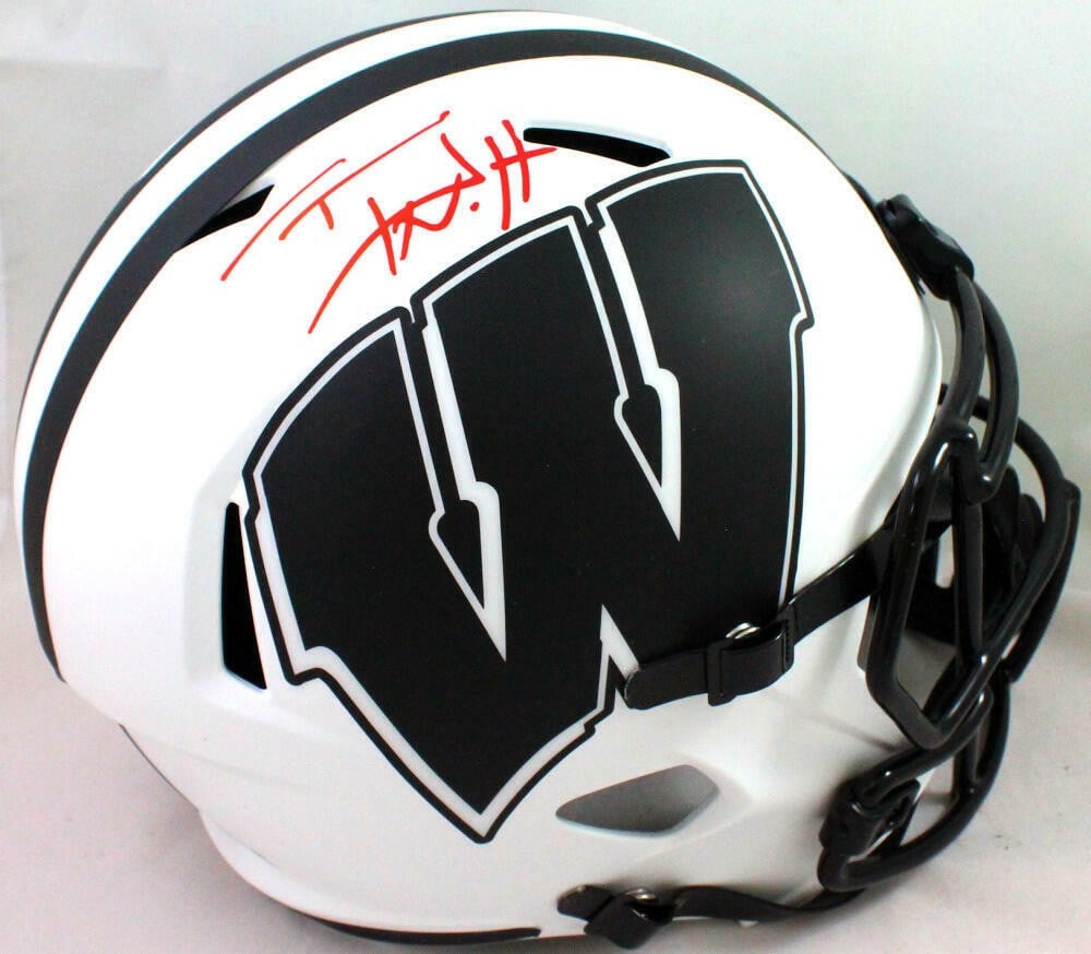 T.J. Watt Autographed Wisconsin Badgers Full Size Helmet Beckett Authenticated: T.J. Watt Autographed Wisconsin Badgers Full Size Helmet Beckett Authenticated Add a piece of collegiate football history to your collection with this T.J. Watt signed Wisconsin Badgers Lunar Speed fu