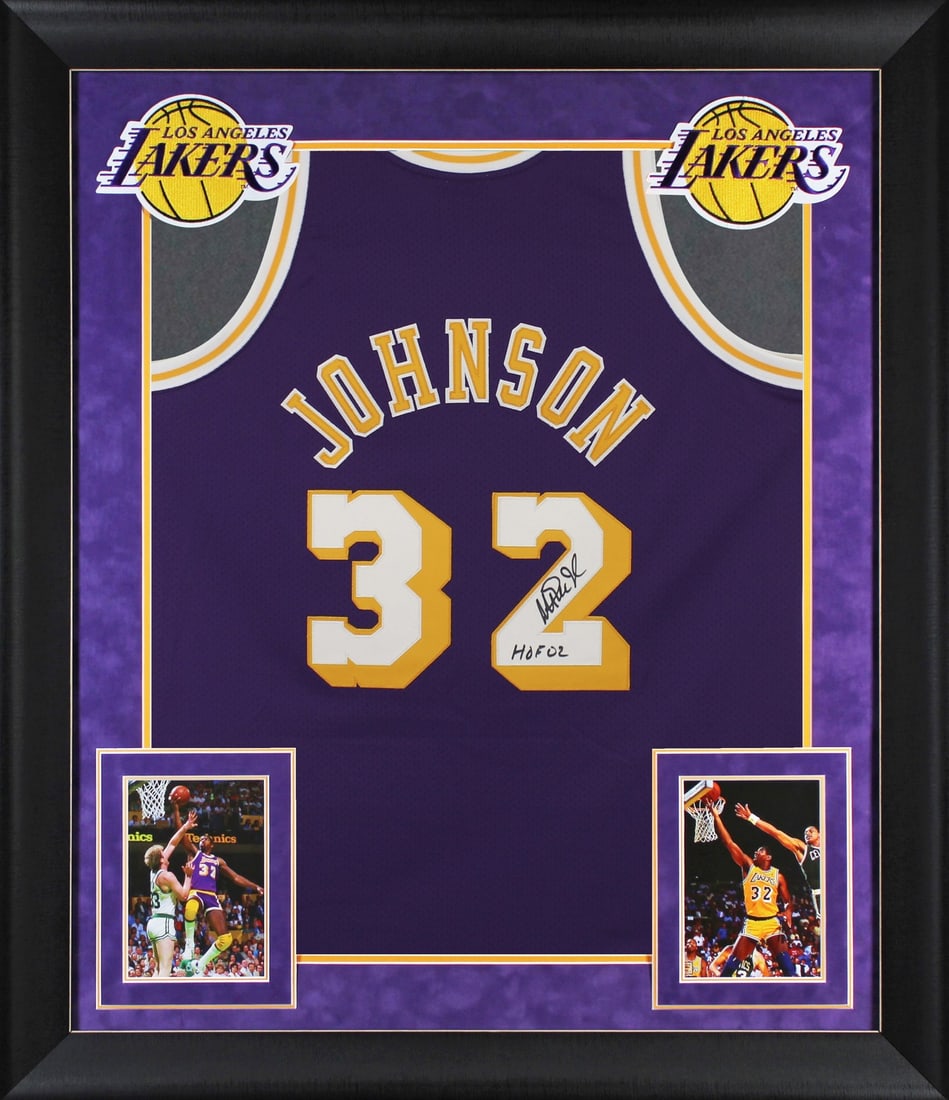 Magic Johnson Signed Lakers Purple Framed Jersey HOF 02 BAS Authenticated (1 of 2)