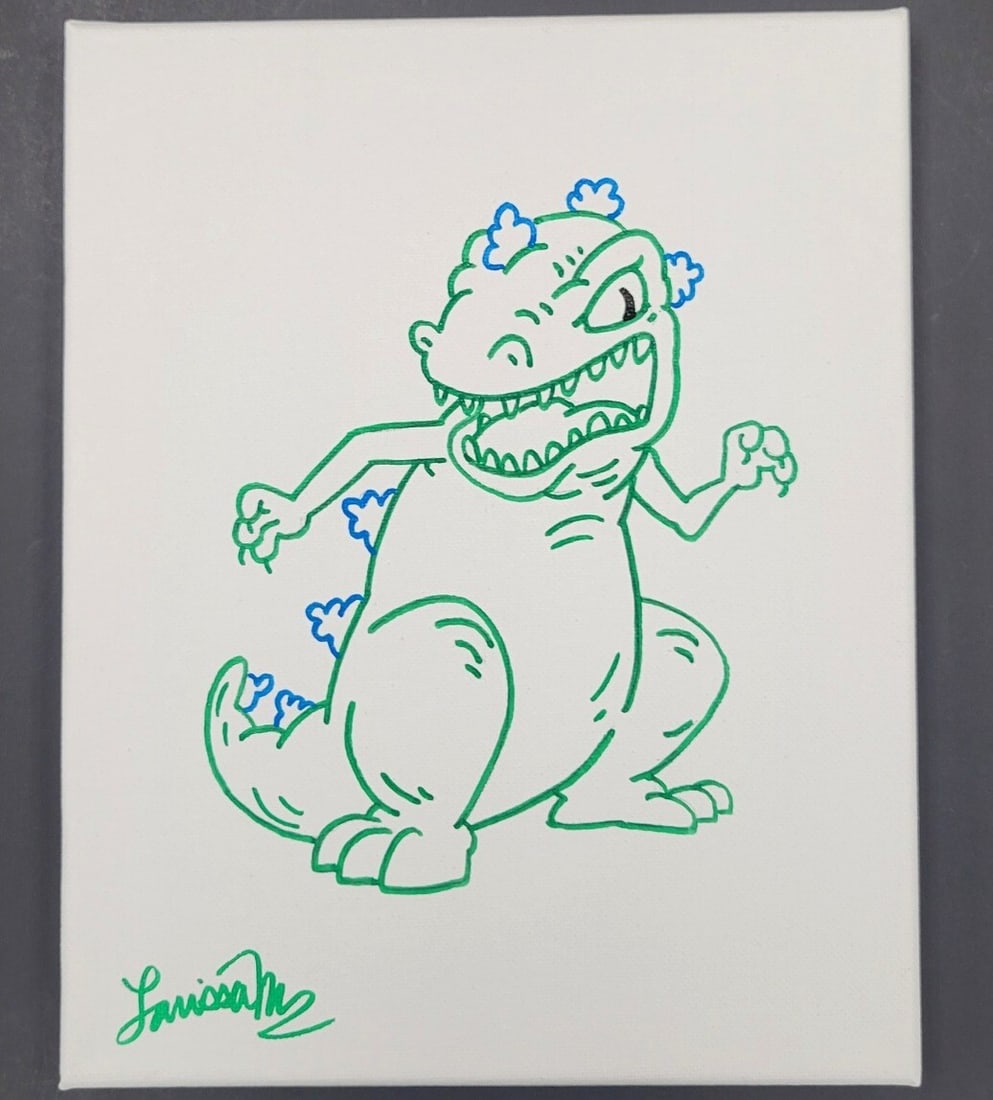 Rugrats Reptar Canvas Sketch Signed by Larissa Marantz Beckett Authenticated: Rugrats Reptar Canvas Sketch Signed by Larissa Marantz Beckett Authenticated This is an original 8x10 canvas artist sketch featuring Reptar from the iconic show Rugrats, beautifully drawn and signed b