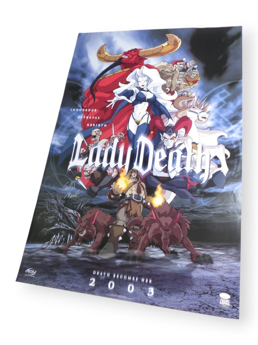 Carl Macek Autographed Original 34x36 Lady Death Poster JSA Certified: Carl Macek Autographed Original 34x36 Lady Death Poster JSA Certified Own a piece of comic art history with this original 34" x 36" poster featuring Lady Death, signed by the talented Carl Macek. This