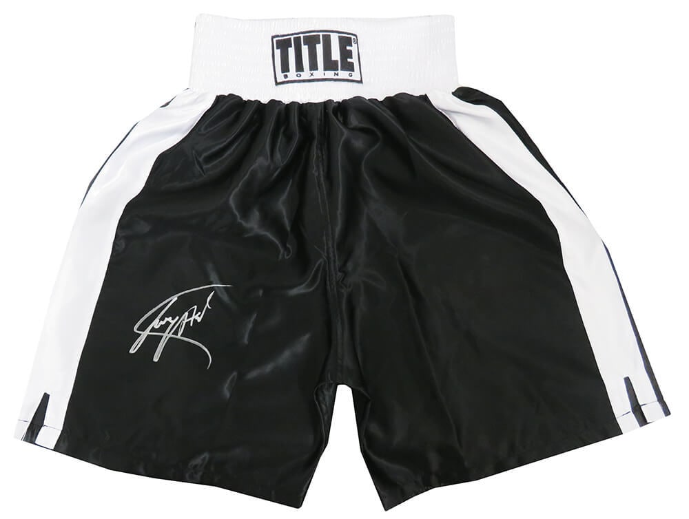 Larry Holmes Signed Title Boxing Trunks Black White Trim SS COA (1 of 1)