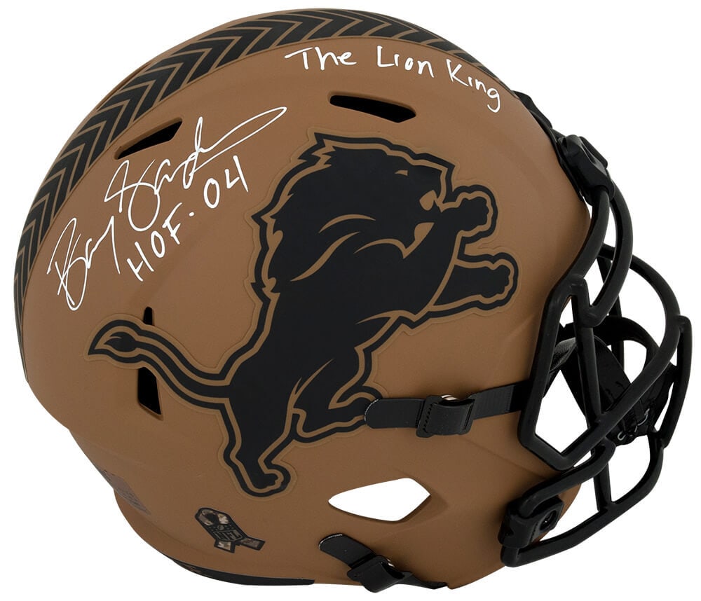 Barry Sanders Signed Detroit Lions SALUTE 2023 Riddell Helmet with HOF Inscription: Barry Sanders Signed Detroit Lions SALUTE 2023 Riddell Helmet with HOF Inscription Celebrate the legacy of Barry Sanders with this signed Detroit Lions SALUTE 2023 Riddell full size speed replica helm