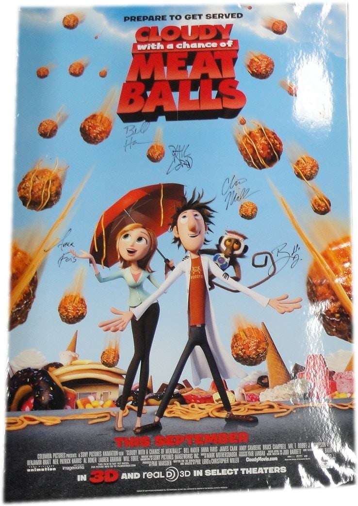 Cloudy With Chance of Meatballs Signed Poster Anna Faris Bill Hader GAI Authenticated 27x40: Cloudy With Chance of Meatballs Signed Poster Anna Faris Bill Hader GAI Authenticated 27x40 This original poster from the animated film "Cloudy With a Chance of Meatballs" features autographs from cas