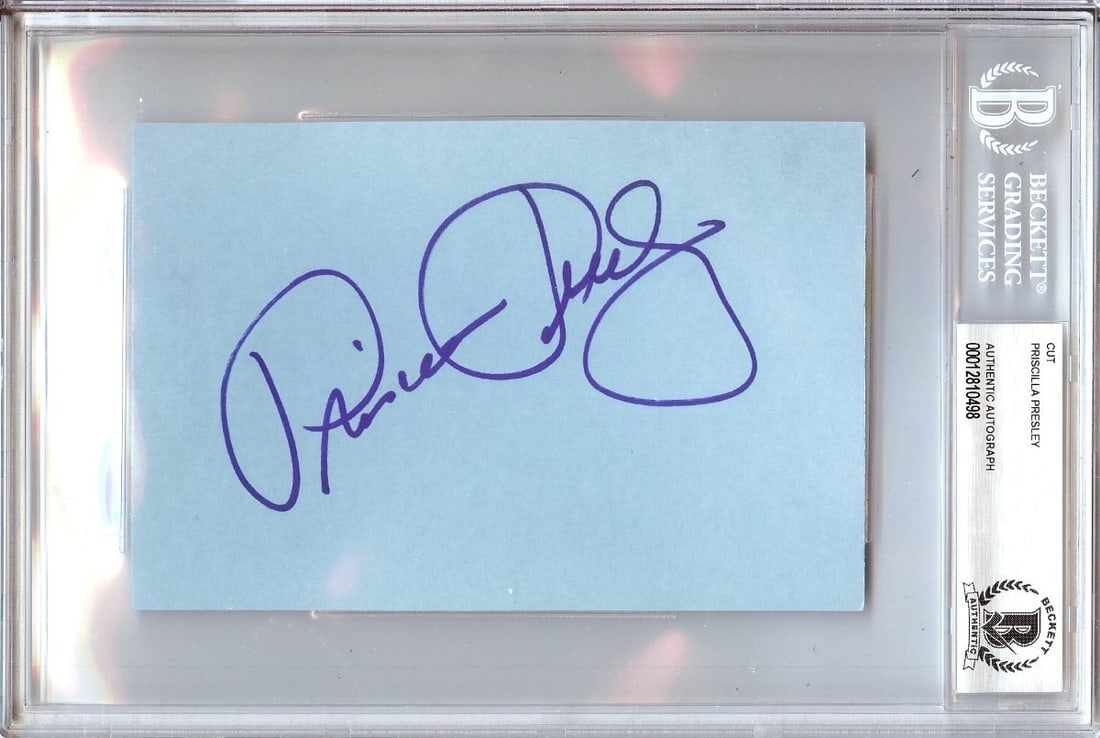 Priscilla Presley Autographed 4x6 Index Card Beckett Certified: Priscilla Presley Autographed 4x6 Index Card Beckett Certified This is a 4x6 index card autographed by Priscilla Presley, known for her iconic role in "The Naked Gun". The autograph is authenticated b