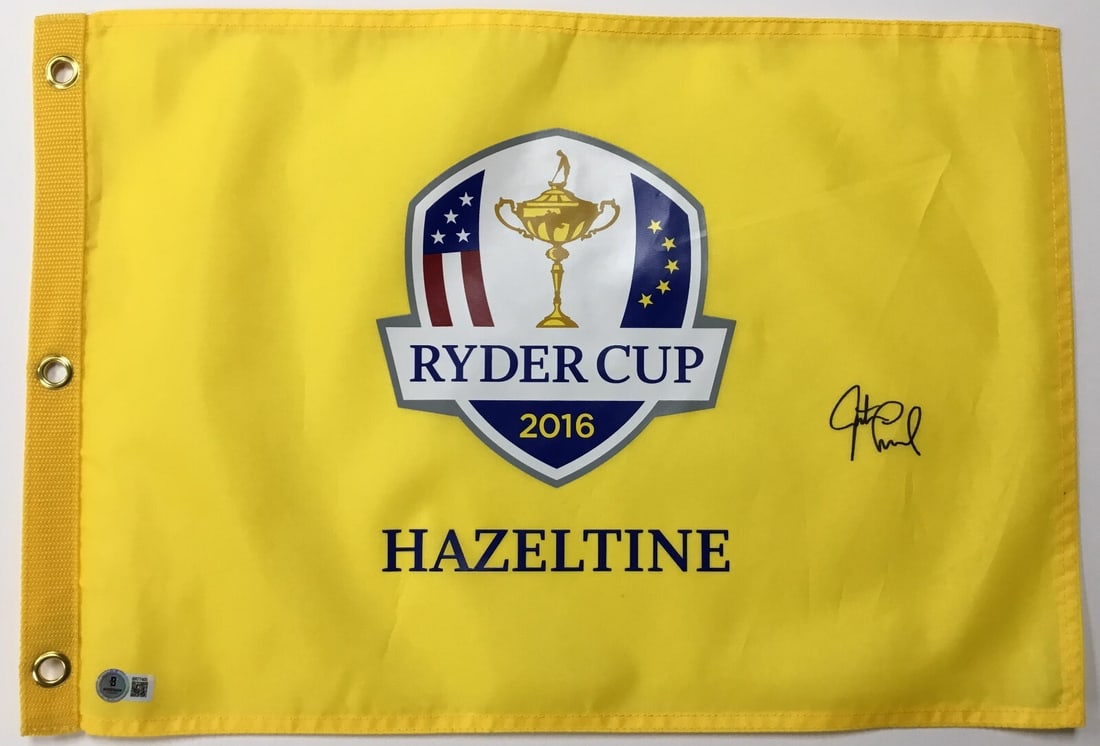 Justin Leonard Signed 2016 Ryder Cup Hazeltine Flag Beckett Authenticated: Justin Leonard Signed 2016 Ryder Cup Hazeltine Flag Beckett Authenticated This is an official 2016 Ryder Cup Hazeltine pin flag signed by PGA star Justin Leonard. The autograph is authenticated by Bec