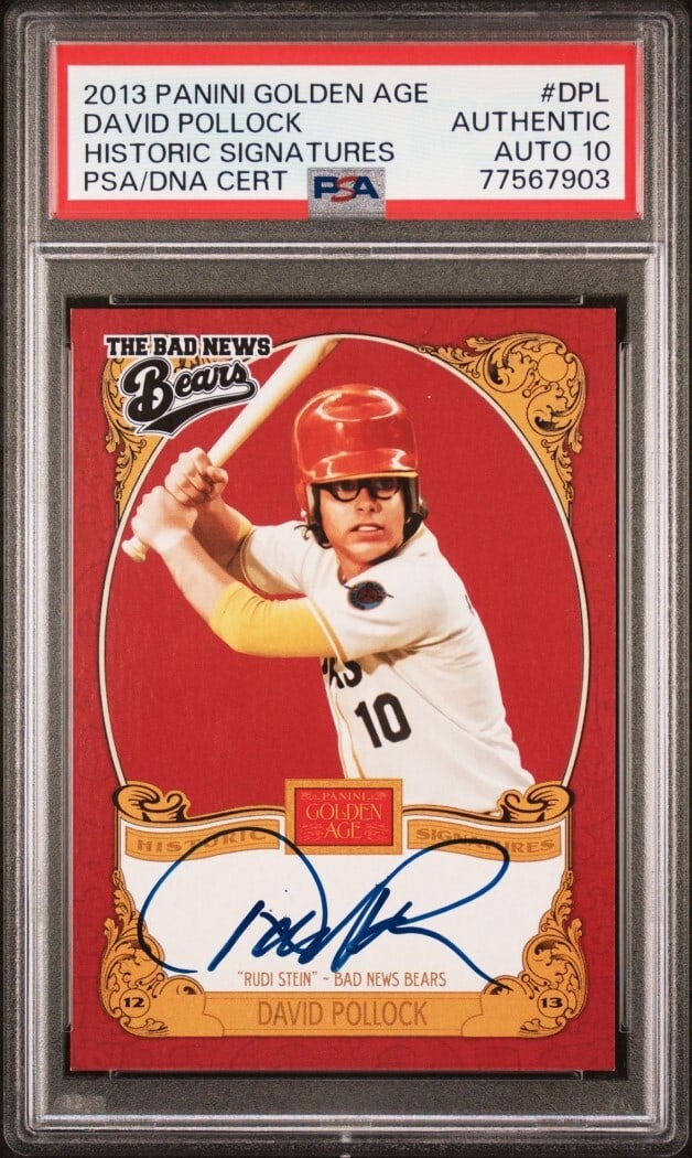 David Pollock 2013 Golden Age PSA 10 Baseball Card DPL Bad News Bears: David Pollock 2013 Golden Age PSA 10 Baseball Card DPL Bad News Bears This is a 2013 Golden Age Historic Signature baseball card featuring David Pollock, graded a perfect PSA 10. This card is part of