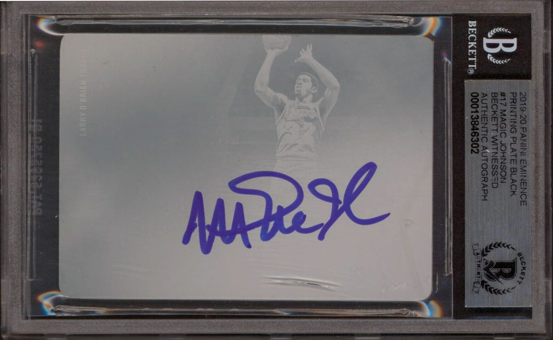 Magic Johnson Signed 2019 Panini Eminence 1/1 Printing Plate Black #17 BAS Gem Mint 10: Magic Johnson Signed 2019 Panini Eminence 1/1 Printing Plate Black #17 BAS Gem Mint 10 This autographed 2019 Panini Eminence Printing Plate Black #17 card is a unique 1/1 collectible featuring Magic J