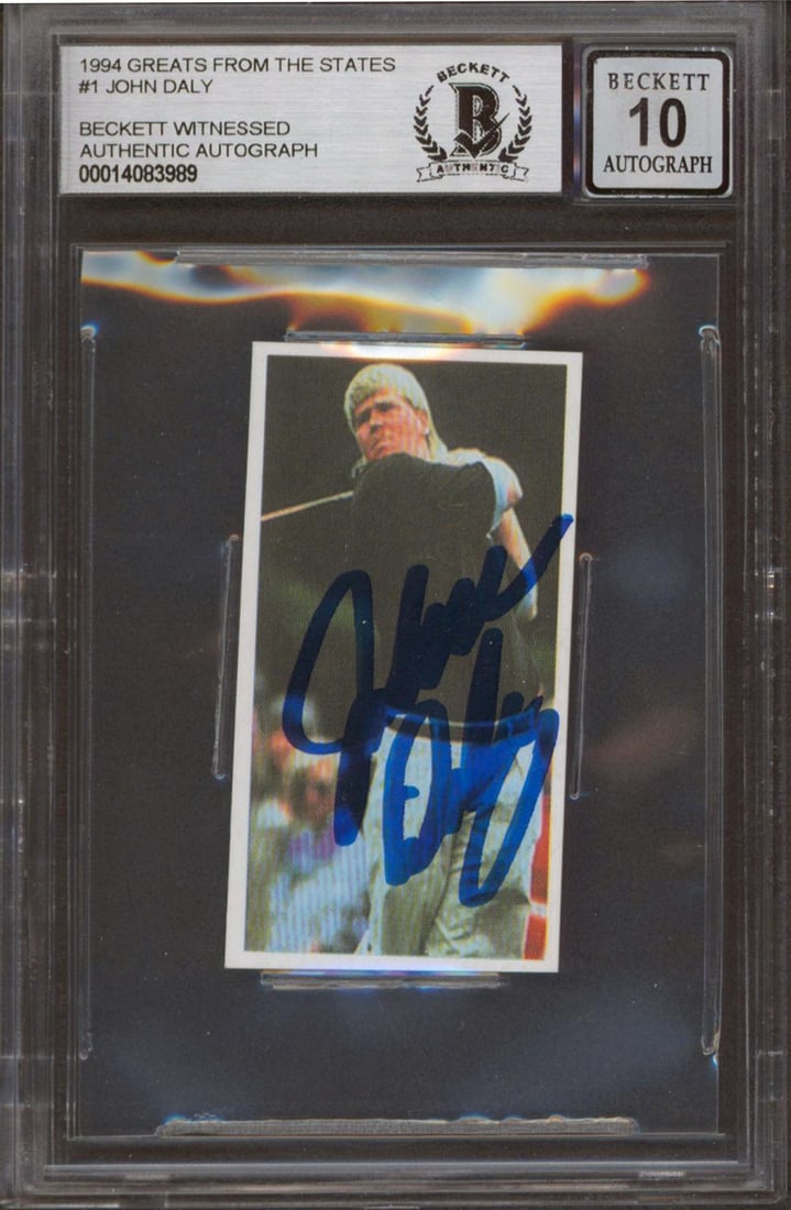 John Daly Signed 1994 Greats From The States #1 Card Gem Mint 10 Beckett Authenticated: John Daly Signed 1994 Greats From The States #1 Card Gem Mint 10 Beckett Authenticated This 1994 Greats From The States #1 card features the signature of golf legend John Daly. Graded Gem Mint 10, thi