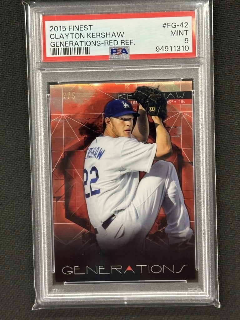 Clayton Kershaw 2015 Topps Finest Red Refractor PSA 9 #FG42: Clayton Kershaw 2015 Topps Finest Red Refractor PSA 9 #FG42 This 2015 Topps Finest Generations Red Refractor baseball card features Clayton Kershaw, a star player for the Los Angeles Dodgers. Graded b