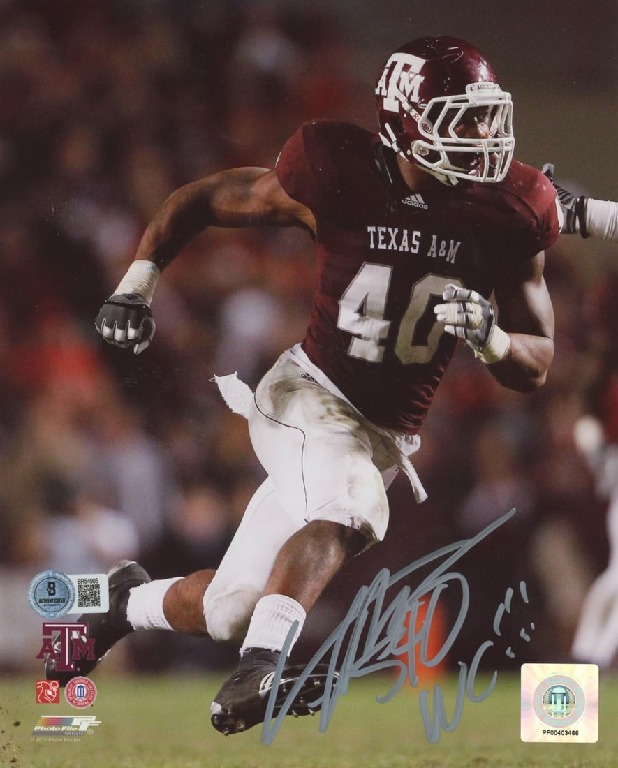 Texas A&M Von Miller Signed 8x10 Photo with BAS Authentication: Texas A&M Von Miller Signed 8x10 Photo with BAS Authentication This authentic 8x10 photo of Von Miller, a standout player for the Texas A&M Aggies, features the inscription "WC!!!" and has been person
