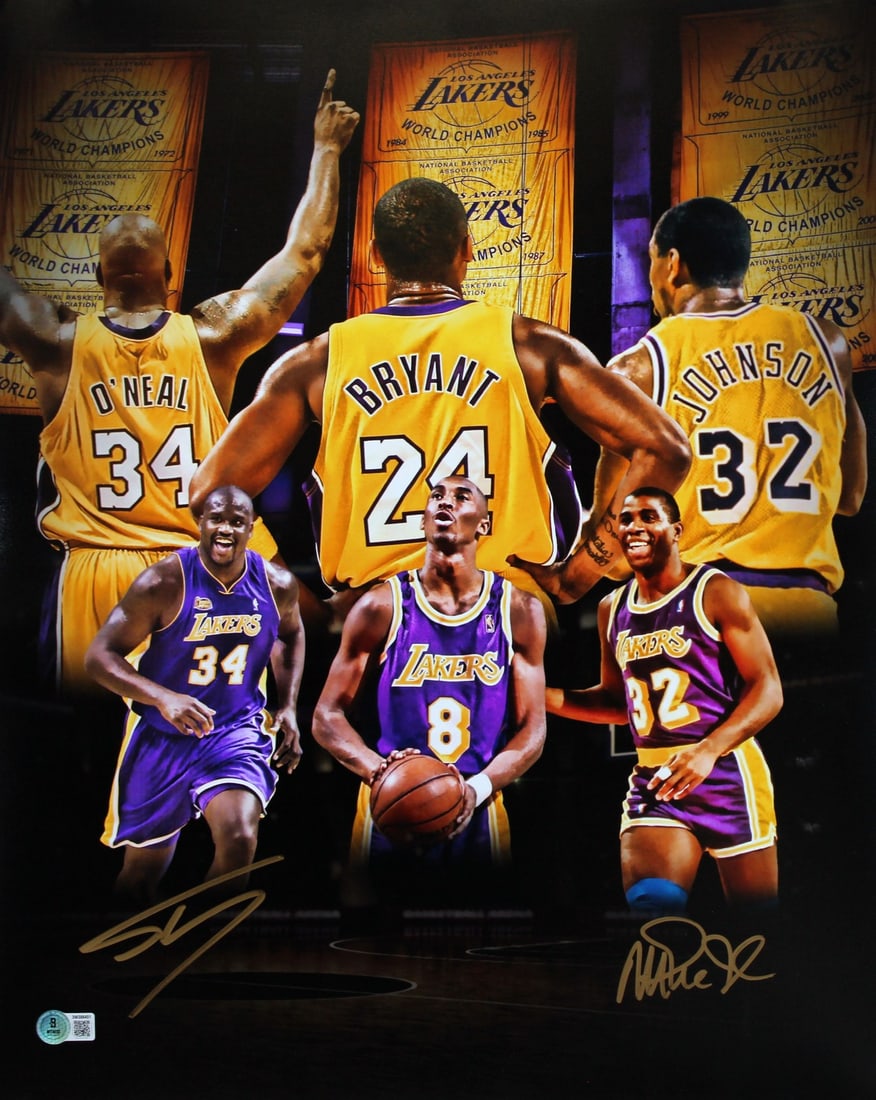 Magic Johnson Shaquille O'Neal Signed 16x20 Lakers Photo BAS Witnessed (1 of 2)