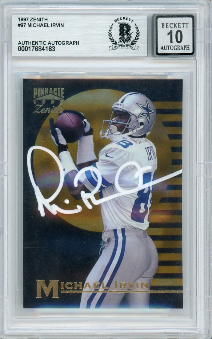 Michael Irvin Signed 1997 Zenith Football Card BGS Auto 10 Dallas Cowboys: Michael Irvin Signed 1997 Zenith Football Card BGS Auto 10 Dallas Cowboys This is an original 1997 Zenith #97 sports trading card featuring Michael Irvin of the Dallas Cowboys. The card has been hand