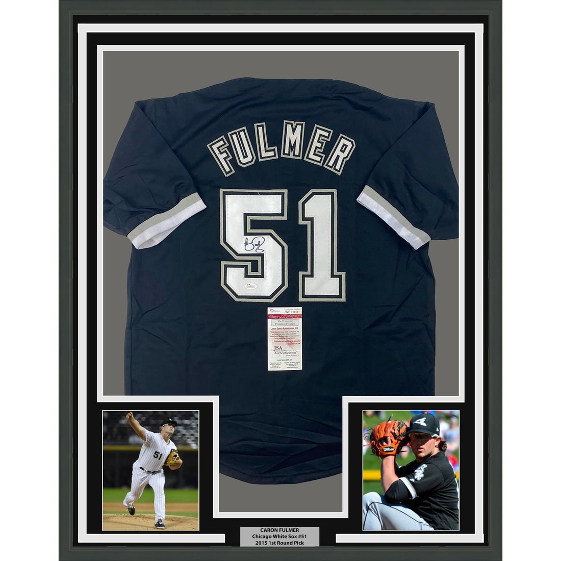 Framed Autographed Carson Fulmer Chicago Black Jersey with JSA COA: Framed Autographed Carson Fulmer Chicago Black Jersey with JSA COA This unique framed collectible features a signed Carson Fulmer Chicago Black baseball jersey, perfect for any MLB fan. The jersey is