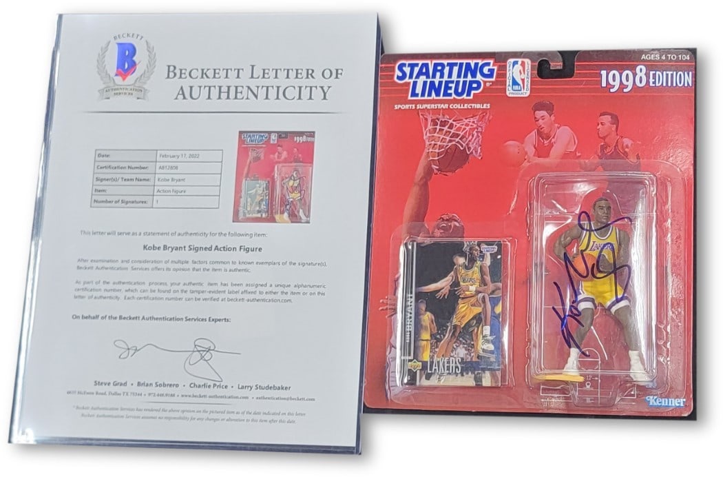 Kobe Bryant 1998 Starting Line-Up Hand Signed Memorabilia Beckett Authenticated: Kobe Bryant 1998 Starting Line-Up Hand Signed Memorabilia Beckett Authenticated This collectible features a hand-signed autographed figure of Kobe Bryant from the 1998 Starting Line-Up series. The ite