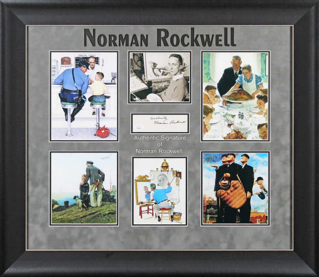 Norman Rockwell Signed Cut Signature Framed Photo JSA Authenticated: Norman Rockwell Signed Cut Signature Framed Photo JSA Authenticated This stunning framed cut signature of Norman Rockwell features the inscription "Cordially" and measures 1.5x5 inches. The item is au