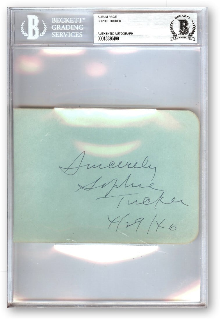 Sophie Tucker Autographed Album Page Beckett Authenticated 6 x 9: Sophie Tucker Autographed Album Page Beckett Authenticated 6 x 9 Capture a piece of music history with this authentic signed album page from the legendary Sophie Tucker, known as the Last of the Red-H
