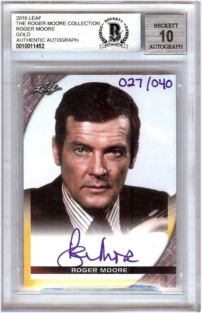 Roger Moore Autographed Trading Card 2016 Leaf James Bond 27/40 Beckett Authenticated: Roger Moore Autographed Trading Card 2016 Leaf James Bond 27/40 Beckett Authenticated This is an authentic autographed trading card featuring Roger Moore, renowned for his role as James Bond. The card