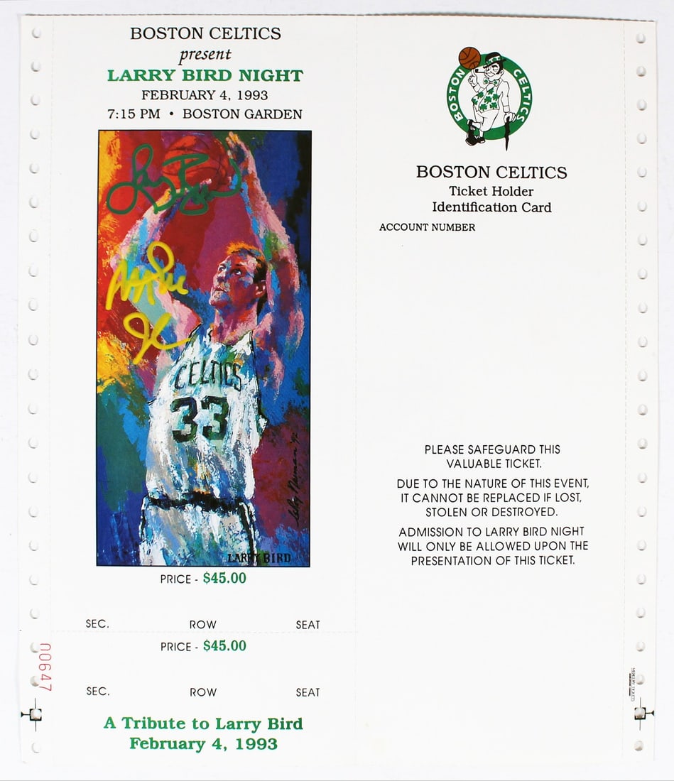 Larry Bird Magic Johnson Signed Uncut Ticket Beckett Authentic: Larry Bird Magic Johnson Signed Uncut Ticket Beckett Authentic This is an original, autographed uncut ticket from Larry Bird Night, personally signed by basketball legends Larry Bird and Magic Johnson