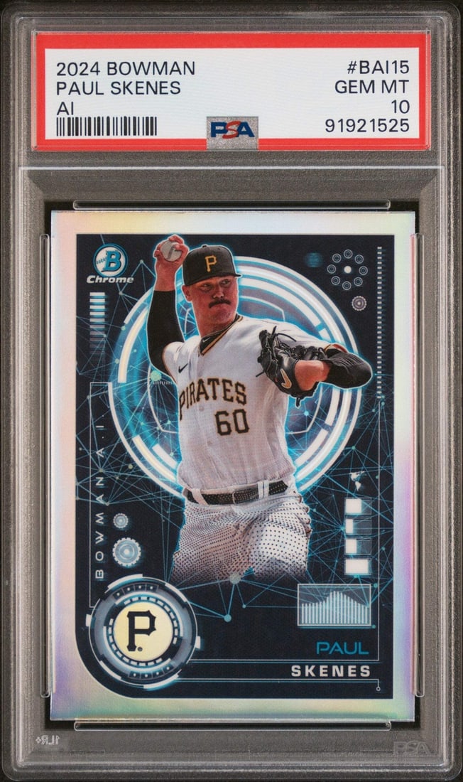 2024 Topps Bowman Paul Skenes #BAI15 Rookie Card PSA 10 Authenticated: 2024 Topps Bowman Paul Skenes #BAI15 Rookie Card PSA 10 Authenticated This is a graded 2024 Topps Bowman Paul Skenes #BAI15 AI Rookie RC Baseball Card, featuring the talented player from the Pittsburg