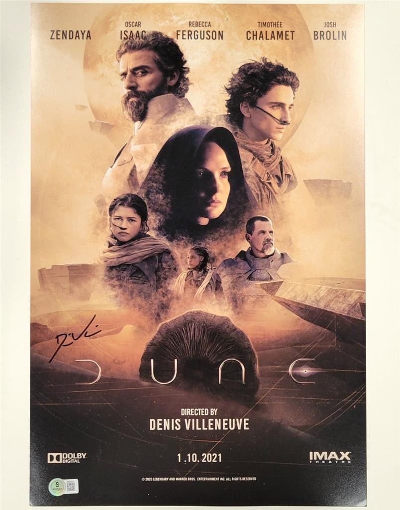 12x18 Dune Photograph Signed by Denis Villeneuve with Beckett Authentication: 12x18 Dune Photograph Signed by Denis Villeneuve with Beckett Authentication This is an original 12x18 inch photograph poster from Dune, signed by Denis Villeneuve. The autograph has been authenticate