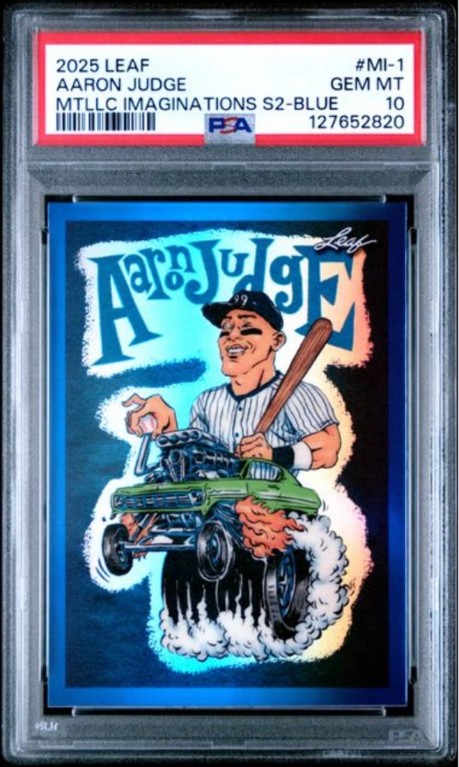 2025 Leaf Aaron Judge #MI1 Blue /49 PSA 10 Mint Card: 2025 Leaf Aaron Judge #MI1 Blue /49 PSA 10 Mint Card This is a graded 2025 Leaf Aaron Judge #MI1 Metallic Series 2 Blue /49 trading card, featuring the star player of the New York Yankees. The card ha
