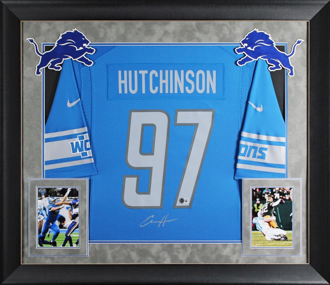 Aidan Hutchinson Signed Detroit Lions Blue Nike Game Jersey Framed BAS Authenticated: Aidan Hutchinson Signed Detroit Lions Blue Nike Game Jersey Framed BAS Authenticated This original blue Nike game jersey has been personally signed by Aidan Hutchinson, star player of the Detroit Lion