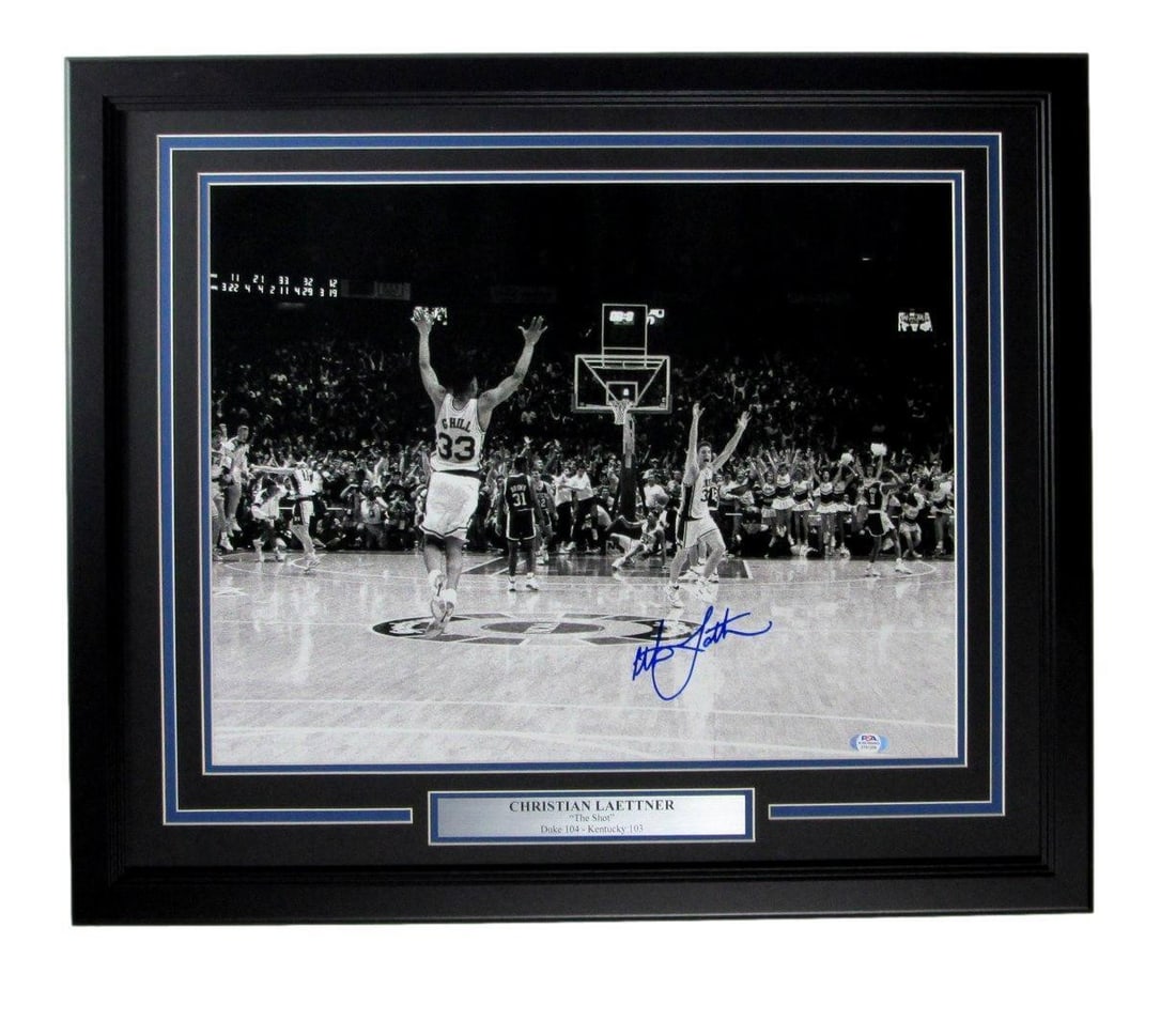Framed 16x20 Christian Laettner Signed Duke Photo With PSA DNA Authentication: Framed 16x20 Christian Laettner Signed Duke Photo With PSA DNA Authentication This framed 16x20 photo features the authentic signature of Christian Laettner from his time with the University of Duke.