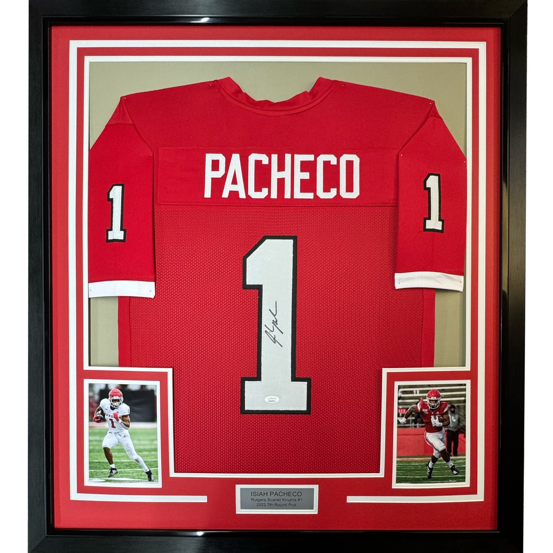 Framed Isiah Pacheco Signed Rutgers Jersey with JSA COA: Framed Isiah Pacheco Signed Rutgers Jersey with JSA COA Showcase your support for the Rutgers Scarlet Knights with this professionally framed and autographed Isiah Pacheco college jersey. This origina