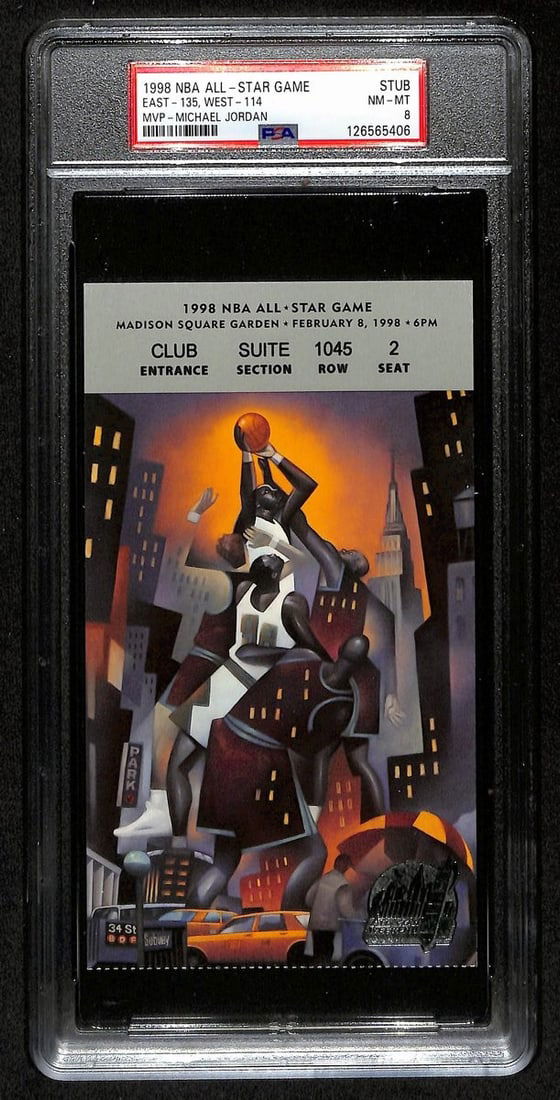 1998 NBA All-Star Ticket Stub Michael Jordan MVP PSA Grade NM-MT 8: 1998 NBA All-Star Ticket Stub Michael Jordan MVP PSA Grade NM-MT 8 This is an original ticket stub from the February 8, 1998 NBA All-Star Game, where Michael Jordan was named MVP. The ticket has been