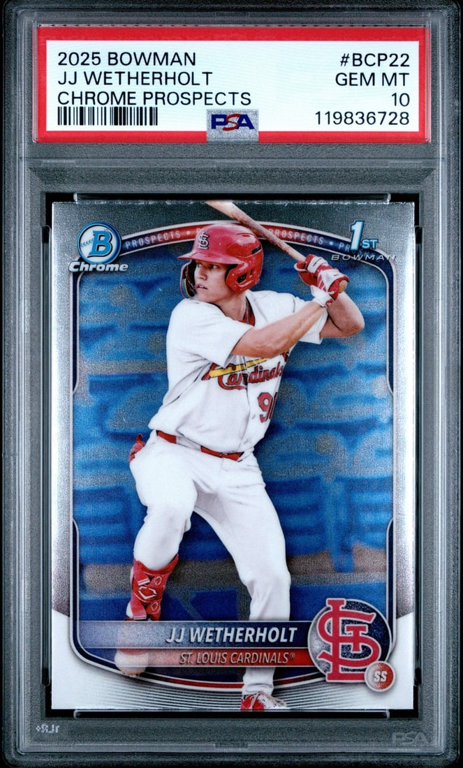 Graded 2025 Bowman JJ Wetherholt #BCP22 PSA 10 Rookie Card: Graded 2025 Bowman JJ Wetherholt #BCP22 PSA 10 Rookie Card This is a graded 2025 Bowman JJ Wetherholt #BCP22 Chrome Prospects rookie baseball card, rated PSA 10. The card features JJ Wetherholt, a pla