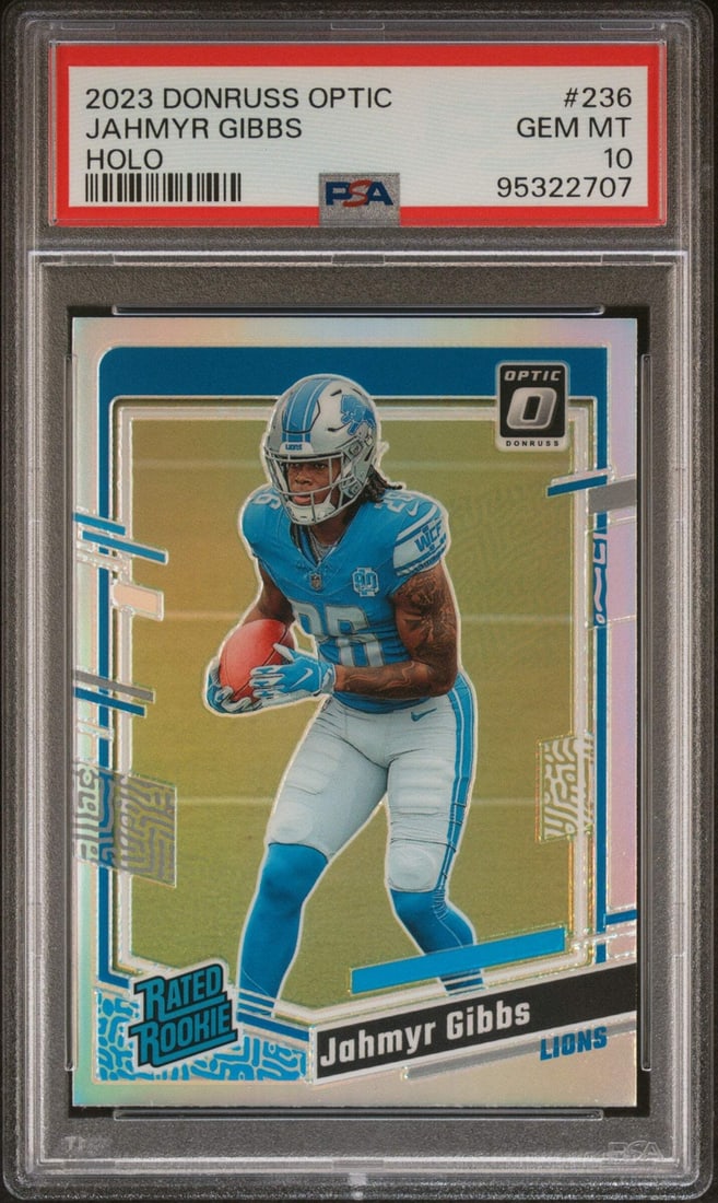 2023 Panini Donruss Optic Jahmyr Gibbs #236 Holo RC PSA 10 Football Card (1 of 2)
