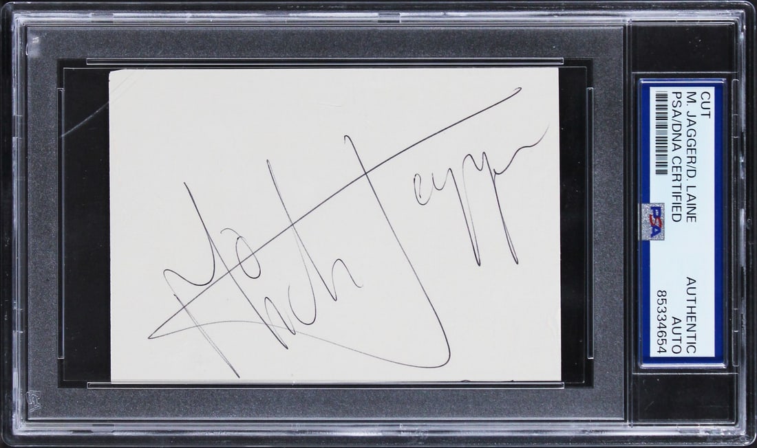Mick Jagger Signed The Rolling Stones Cut Signature PSA Slabbed: Mick Jagger Signed The Rolling Stones Cut Signature PSA Slabbed This is an authentic cut signature measuring 3x4.25 inches, personally signed by Mick Jagger, the iconic lead singer of The Rolling Ston