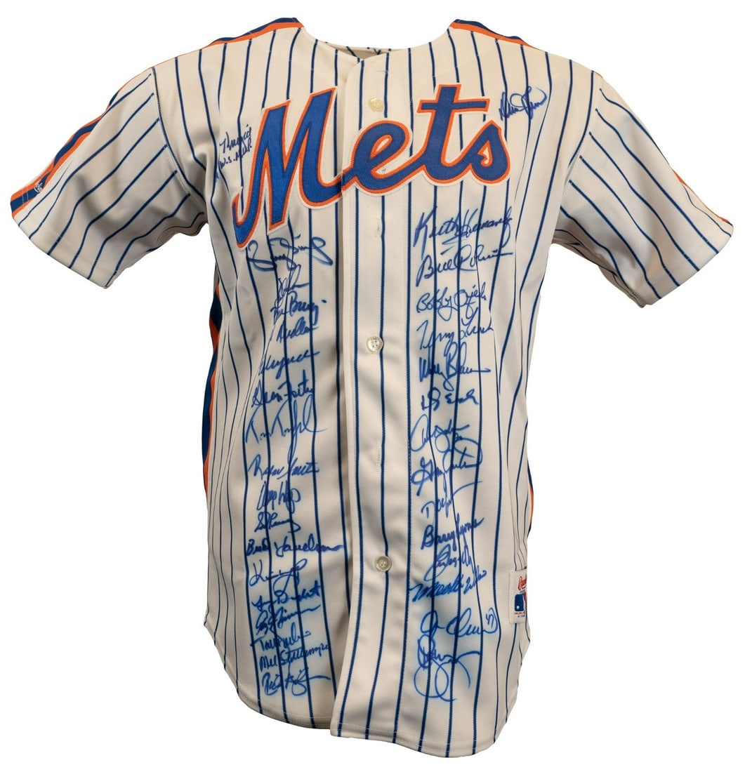 1986 New York Mets Team Signed Jersey with PSA DNA COA: 1986 New York Mets Team Signed Jersey with PSA DNA COA Celebrate the legendary 1986 New York Mets with this authentic home replica jersey, expertly signed by thirty-three members of the team. The jers
