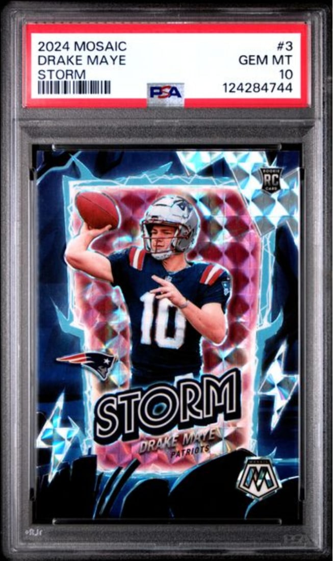 2024 Panini Mosaic Drake Maye #3 Storm Rookie Card PSA 10 NFL: 2024 Panini Mosaic Drake Maye #3 Storm Rookie Card PSA 10 NFL This is a graded 2024 Panini Mosaic Drake Maye #3 Storm Rookie RC Football Card, expertly graded PSA 10 by Professional Sports Authenticat