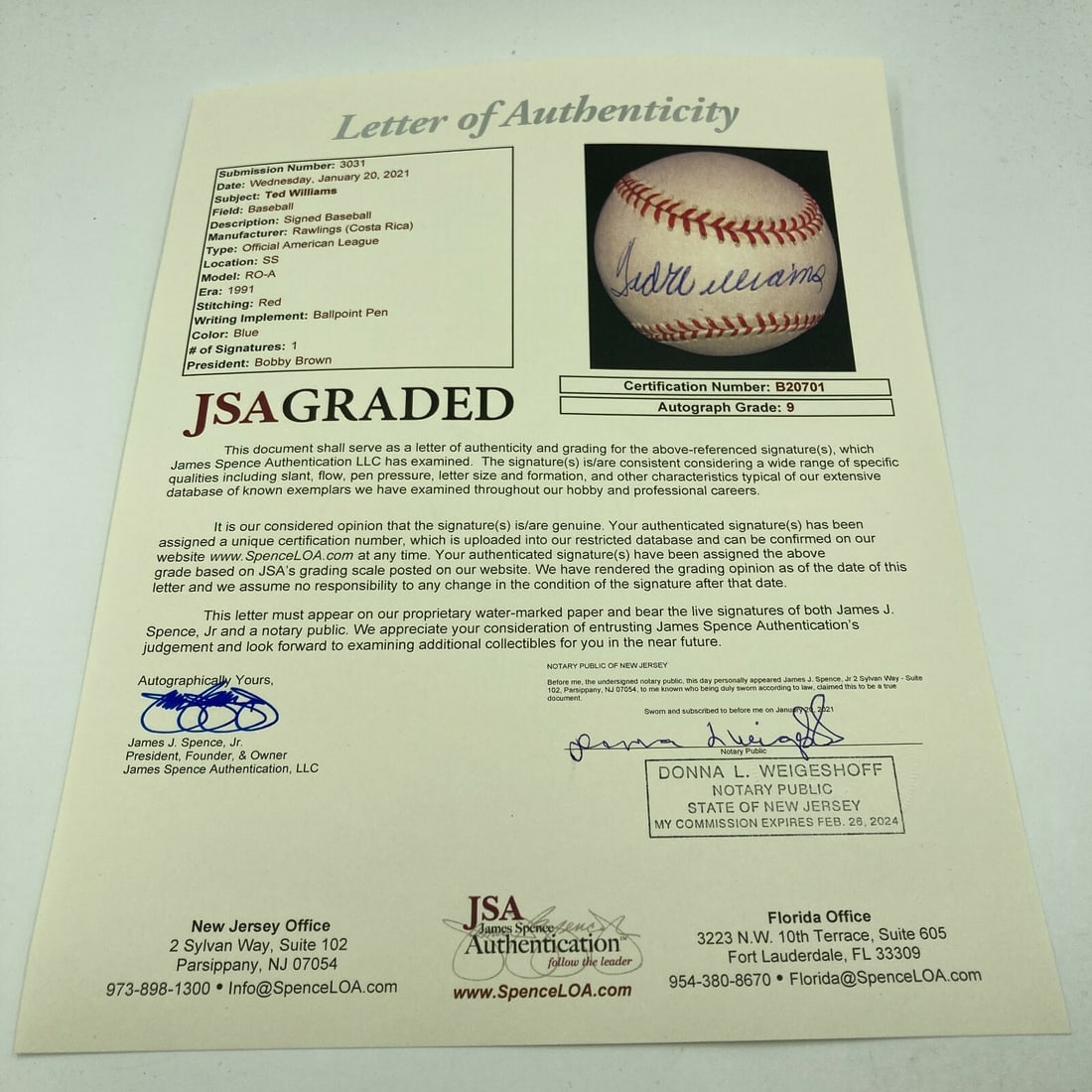 Ted Williams Signed MLB Baseball JSA Authenticated MINT 9 - 2