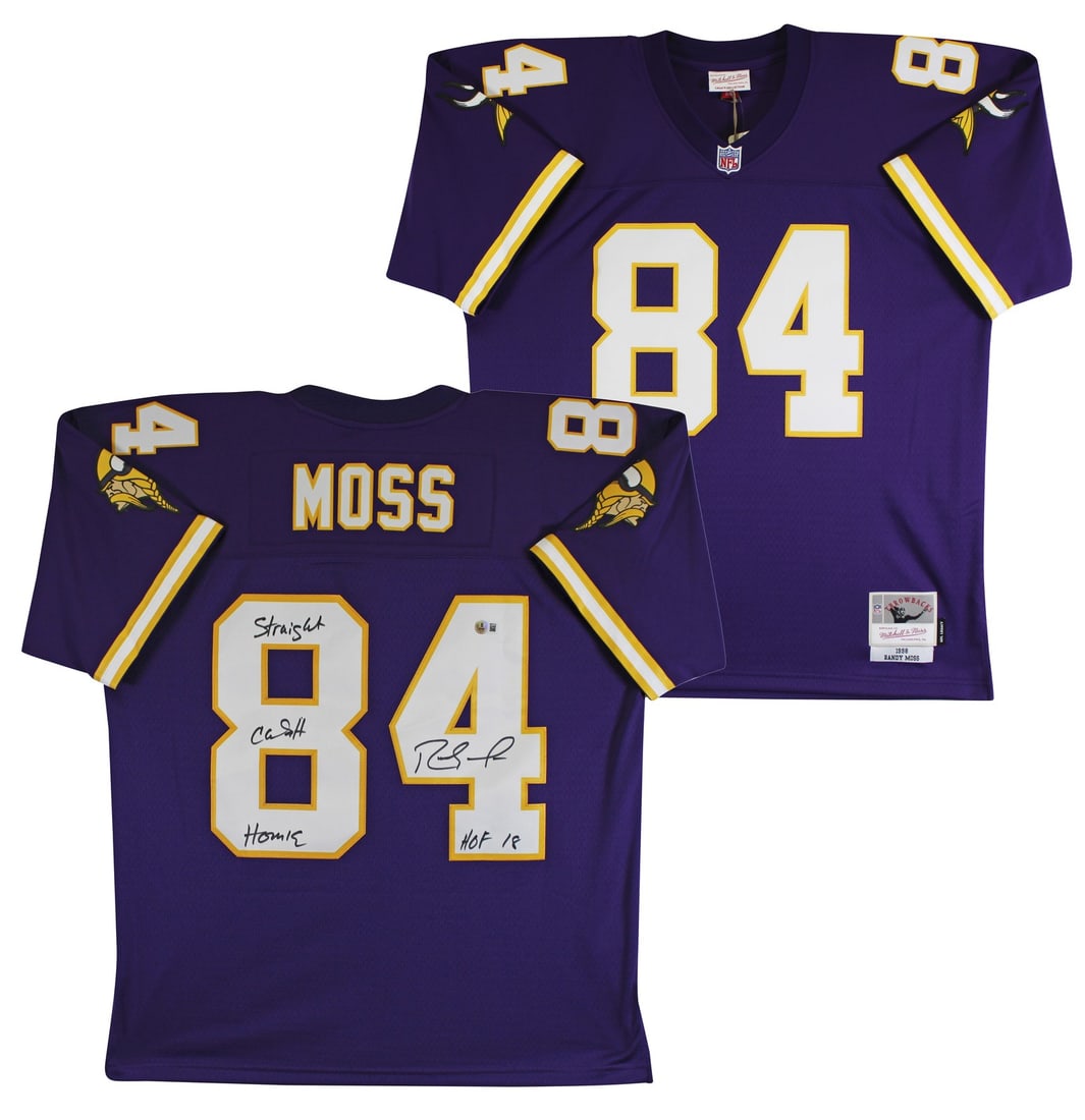 Randy Moss Signed 1998 Vikings Jersey with HOF Inscription BAS Authenticated: Randy Moss Signed 1998 Vikings Jersey with HOF Inscription BAS Authenticated This original 1998 Mitchell & Ness Throwback jersey features a striking purple design, personally signed by NFL legend