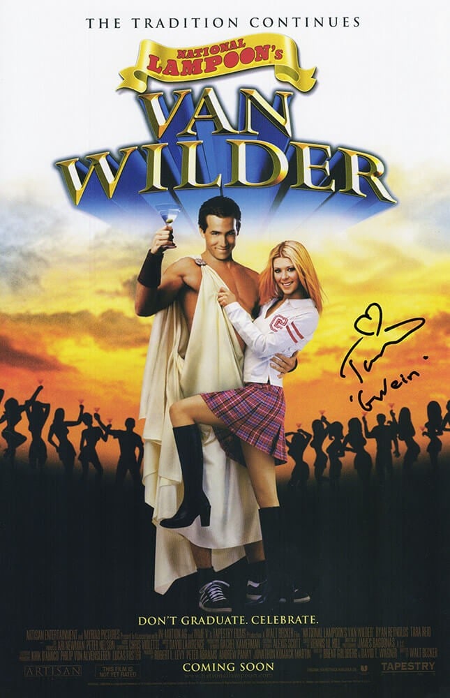 Tara Reid Signed Van Wilder 11x17 Poster with Gwein Inscription: Tara Reid Signed Van Wilder 11x17 Poster with Gwein Inscription This original 11x17 movie poster features the signature of Tara Reid, who portrayed the character 'Gwein' in the film Van Wilder. The po