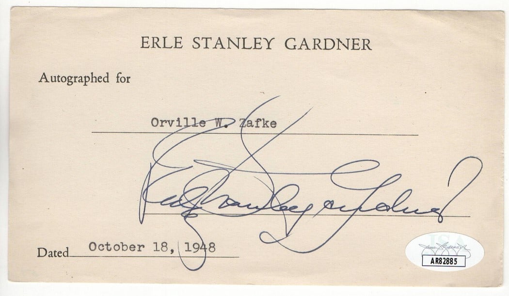 Erle Stanley Gardner Autographed Cut Signature JSA Authenticated 1948: Erle Stanley Gardner Autographed Cut Signature JSA Authenticated 1948 This is an authentic cut signature from Erle Stanley Gardner, the renowned author of the Perry Mason series. The signature is appr