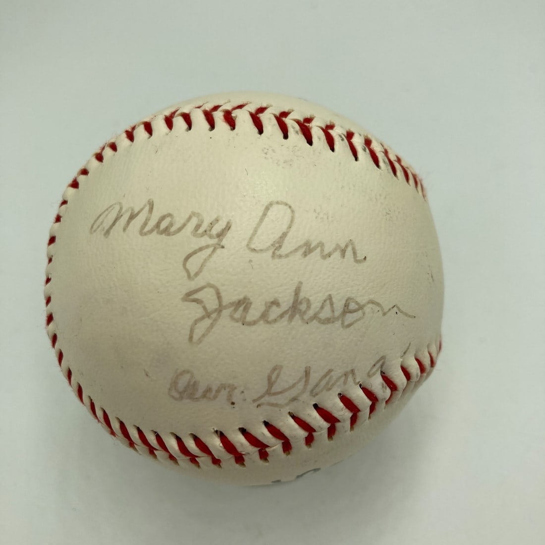 Mary Ann Jackson Signed Our Gang Baseball with JSA COA: Mary Ann Jackson Signed Our Gang Baseball with JSA COA This is an original baseball signed by Mary Ann Jackson from the classic series Our Gang. The autograph has been authenticated by James Spence Au
