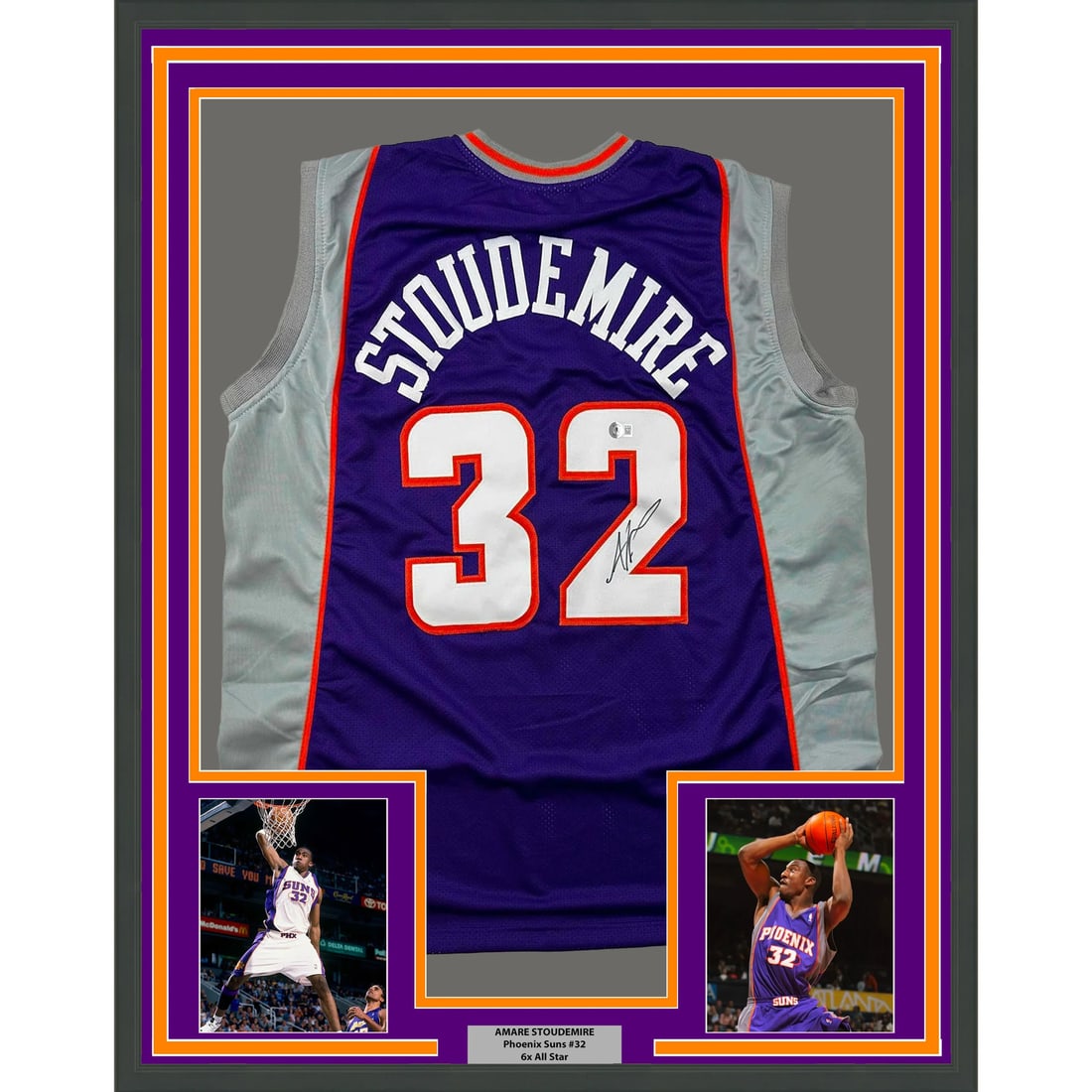 Framed Amare Stoudemire Autographed Purple Jersey with Beckett COA: Framed Amare Stoudemire Autographed Purple Jersey with Beckett COA Celebrate the legacy of Amare Stoudemire with this professionally framed and autographed 33x42 purple jersey from the Phoenix Suns. T