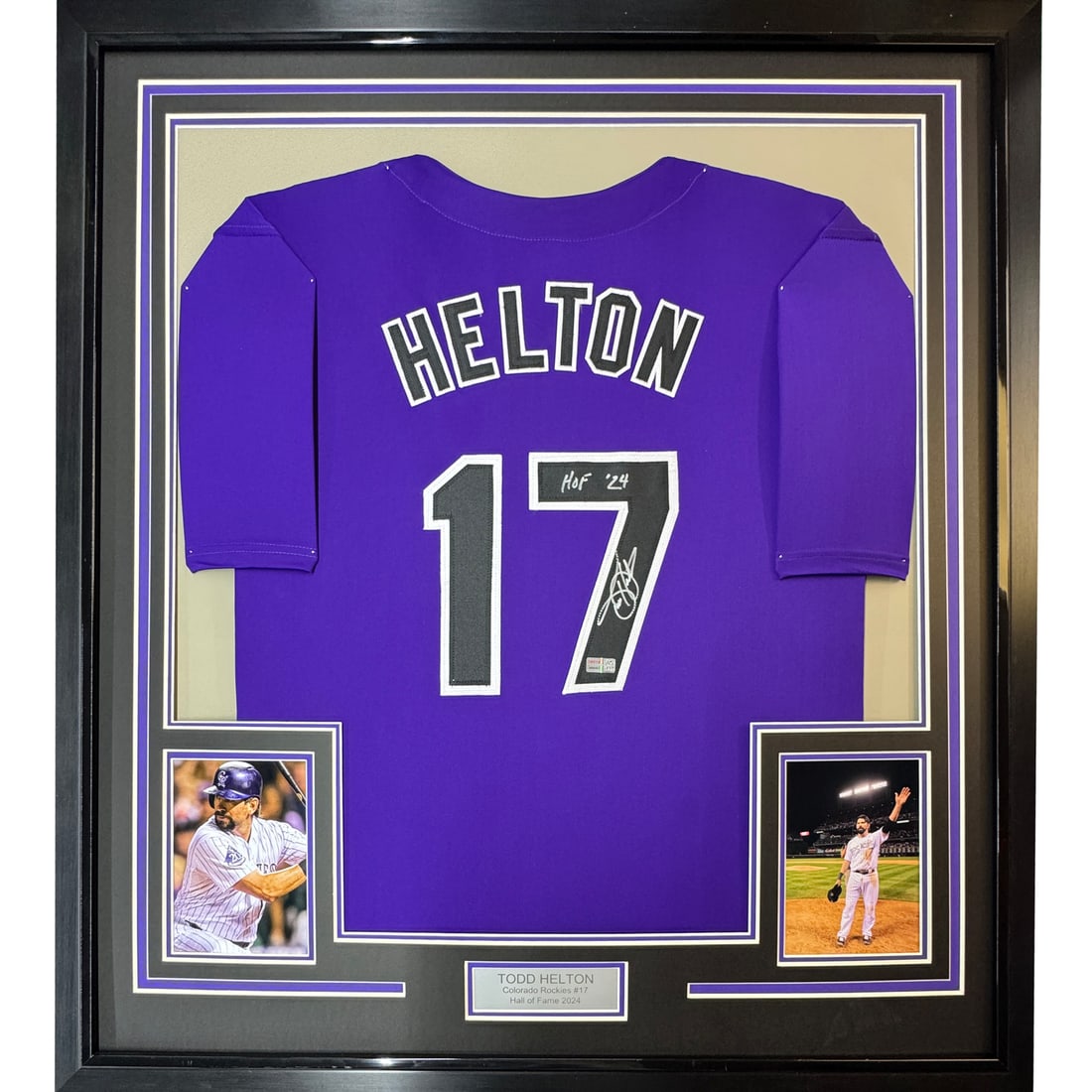 Framed Todd Helton Autographed Purple Jersey with Tristar COA: Framed Todd Helton Autographed Purple Jersey with Tristar COA This is a professionally framed and matted autographed jersey of Todd Helton, honoring his induction into the Hall of Fame. The vibrant