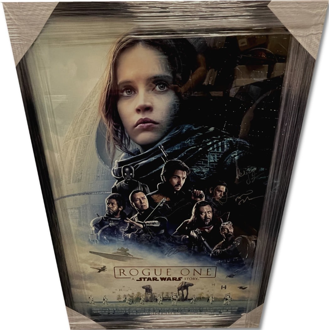 Star Wars Rogue One Signed Cast Poster Framed 29x42 JSA Authenticated: Star Wars Rogue One Signed Cast Poster Framed 29x42 JSA Authenticated This original Star Wars Rogue One cast poster is a unique collectible featuring the signatures of key cast members, including Feli