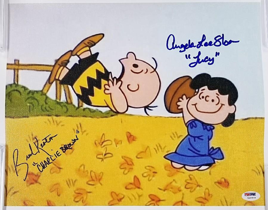 11x14 Canvas Photograph Signed by Brad Kesten and Angela Lee Sloan PSA DNA: 11x14 Canvas Photograph Signed by Brad Kesten and Angela Lee Sloan PSA DNA This 11x14 canvas features dual cast signatures from Brad Kesten and Angela Lee Sloan related to PEANUTS. The autographs are