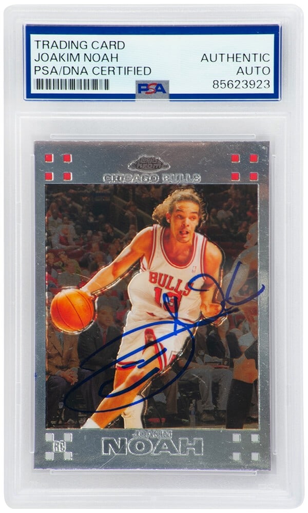 Joakim Noah Signed Bulls Topps Chrome Rookie Card #146 PSA/DNA: Joakim Noah Signed Bulls Topps Chrome Rookie Card #146 PSA/DNA Own a piece of basketball history with this Joakim Noah signed Chicago Bulls Topps Chrome rookie basketball trading card #146. This card