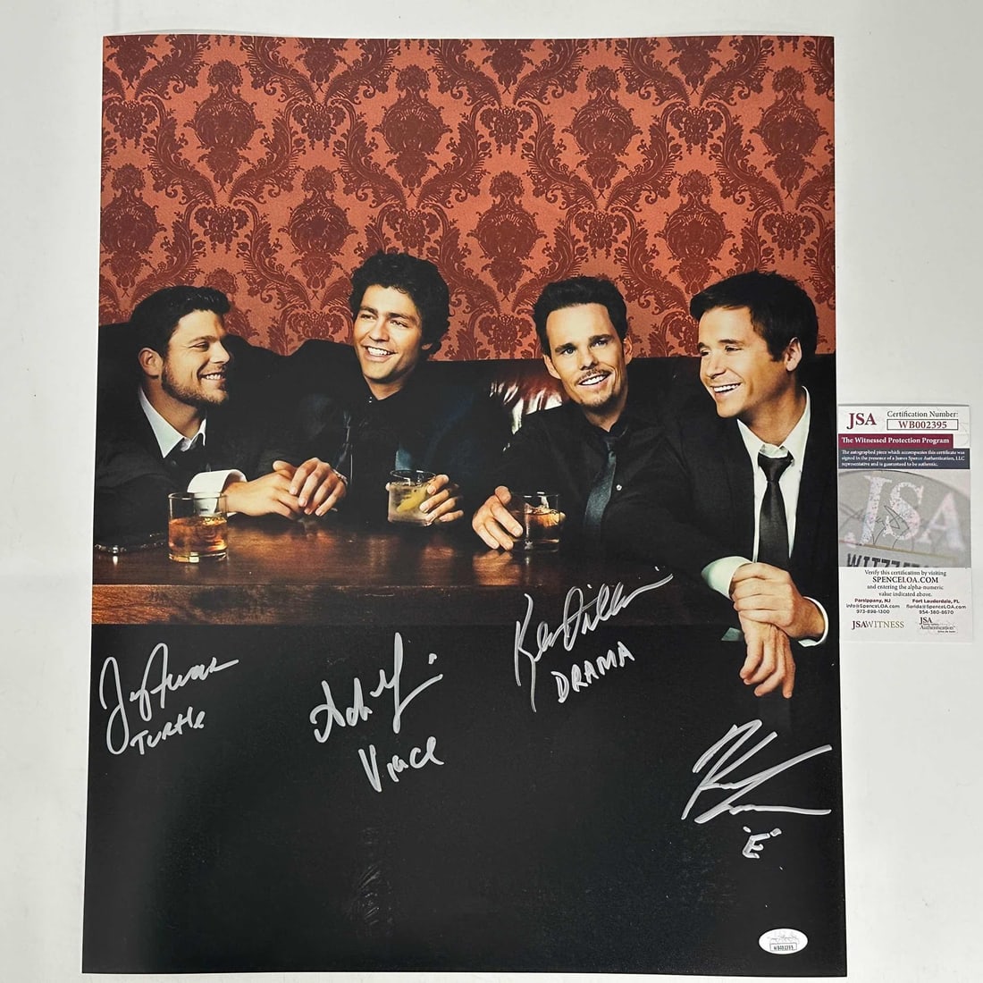 Signed 16x20 Entourage Cast Photo with JSA COA: Signed 16x20 Entourage Cast Photo with JSA COA This autographed 16x20 photo features the cast of the acclaimed series Entourage, with signatures from Adrian Grenier (Vincent Chase), Kevin Connolly (Er