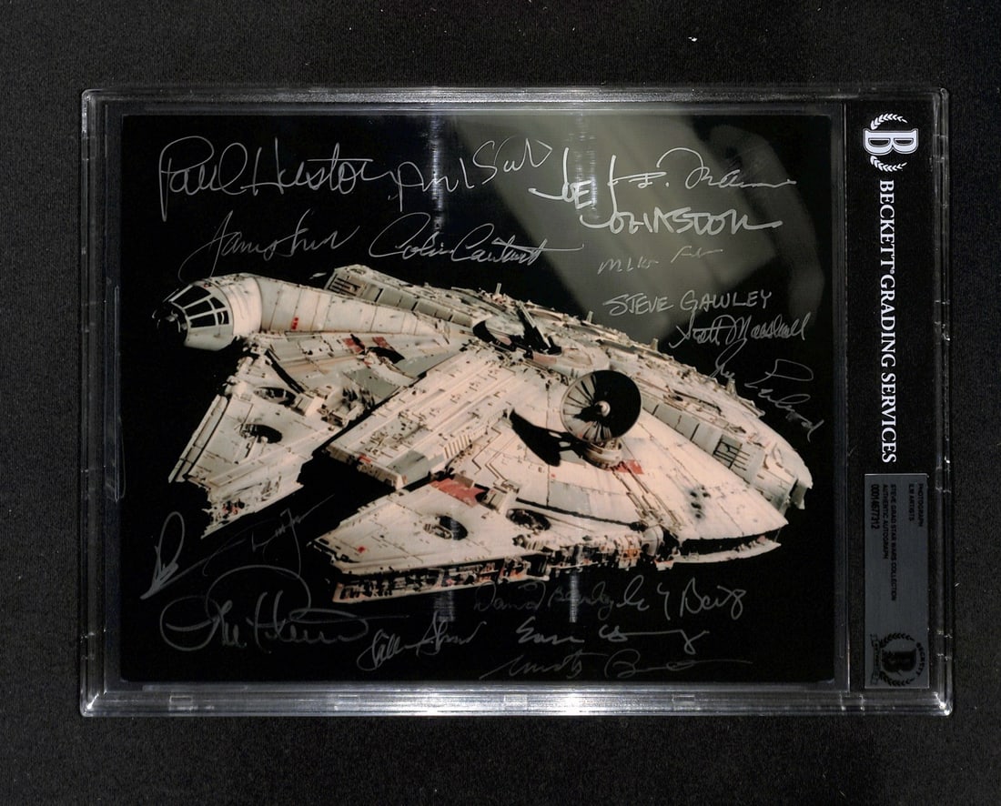 Star Wars Millennium Falcon 8x10 Signed Photo 18 ILM Crew Beckett Authenticated: Star Wars Millennium Falcon 8x10 Signed Photo 18 ILM Crew Beckett Authenticated This stunning 8x10 color photograph of the Millennium Falcon is a unique collector's item, signed by 18 original ILM mod