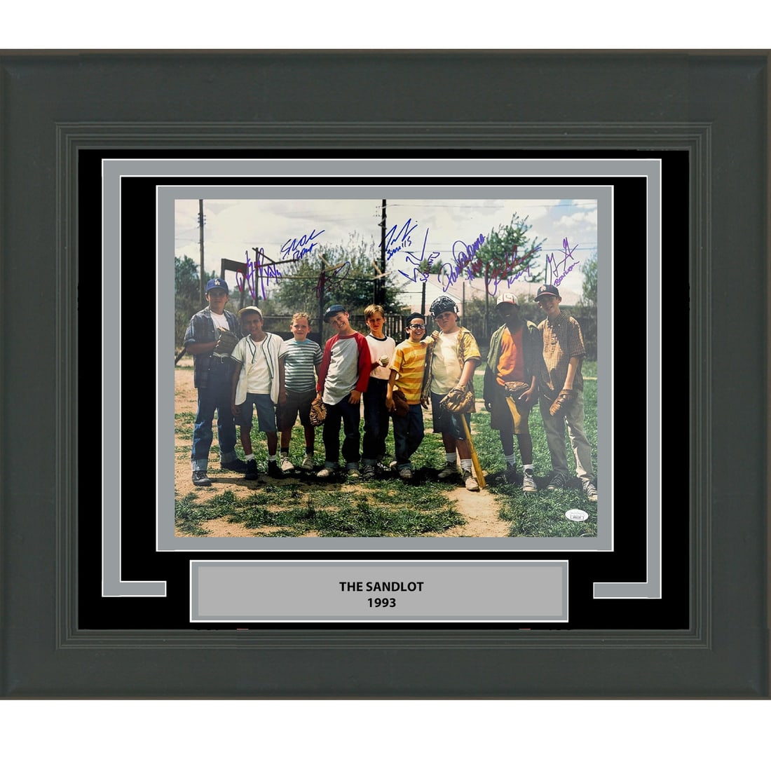 The Sandlot Cast Signed 16x20 Framed Photograph with Eight Autographs JSA COA: The Sandlot Cast Signed 16x20 Framed Photograph with Eight Autographs JSA COA This is a professionally framed and matted 16x20 photograph from the movie The Sandlot, autographed by eight members of th